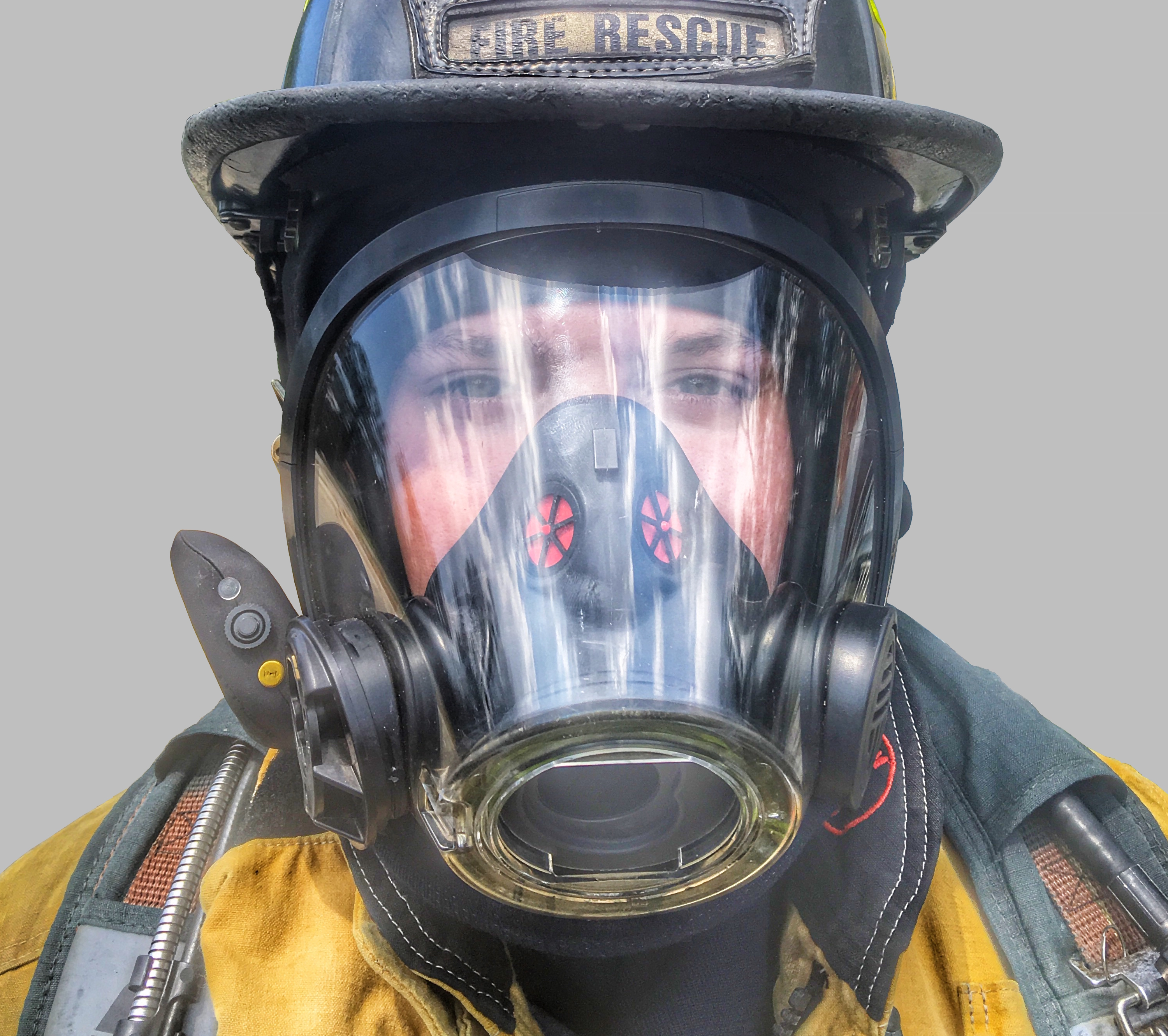 A member of the Coweta County Fire Department wears the latest version of the FireHUD device. Georgia Tech graduates started the company to protect first responders. 