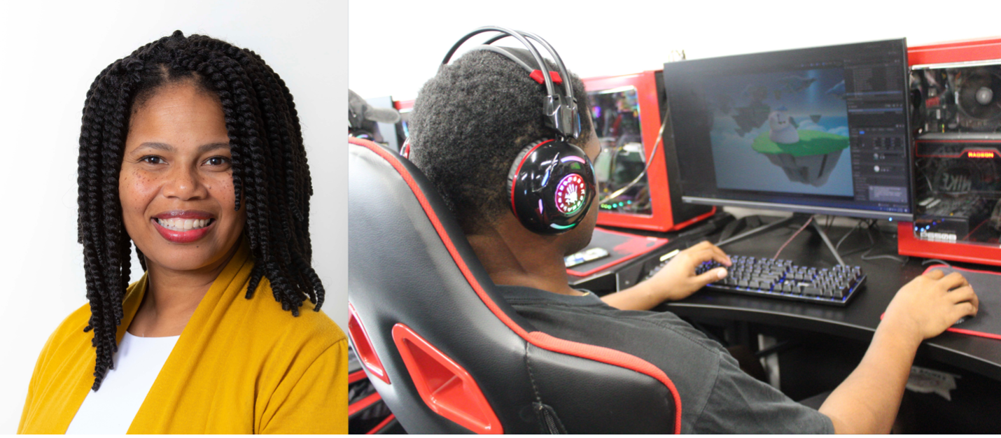 Yolanda Payne, founder of Tech Talent Prep, smiles besides an image of a student with headphones on while he's playing on a professional gaming system.
